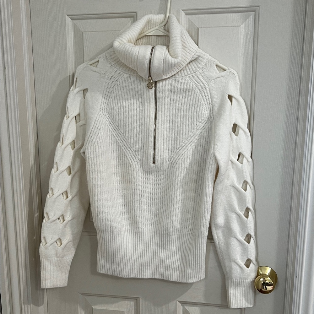 White House Black Market Ivory Zip-Front Turtleneck with Lattice Cutout Sleeves